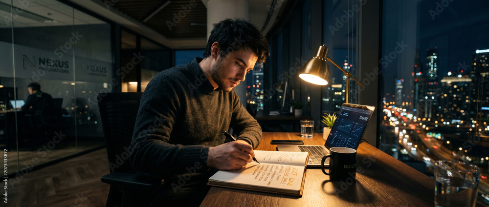 © Maxime - Professionnel travaillant tard le soir dans un bureau avec vue sur la ville © Maxime - Professionnel travaillant tard le soir dans un bureau avec vue sur la ville