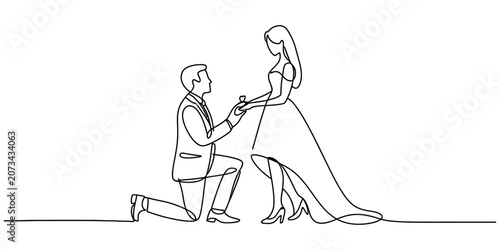 Foto Continuous single line drawing of a man kneeling and proposing to a woman with a