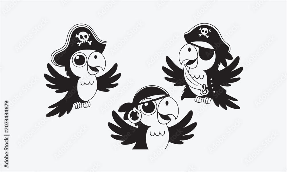 Obraz premium Cute Cartoon Parrot Pirate with Eye Patch, Nautical Character.line art icon set vector illustration
