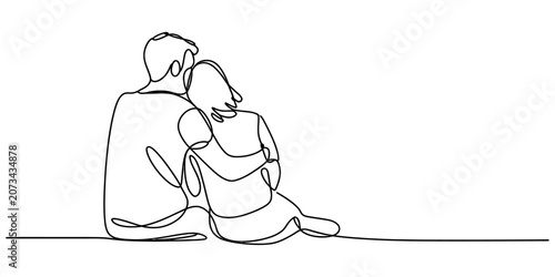 Schilderij op canvas Continuous single line drawing of a loving young couple sitting together and hug