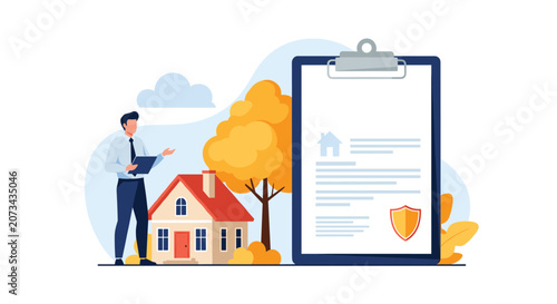 Real estate professional stands beside a model house and a giant insurance or contract clipboard symbolizing property protection.