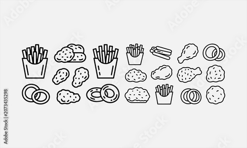Frozen fries nuggets line art set vector illustration
