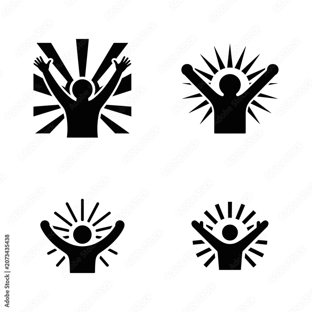 Fototapeta premium Four black featuring a person with arms raised, surrounded by sunburst rays, isolated on a white background, style