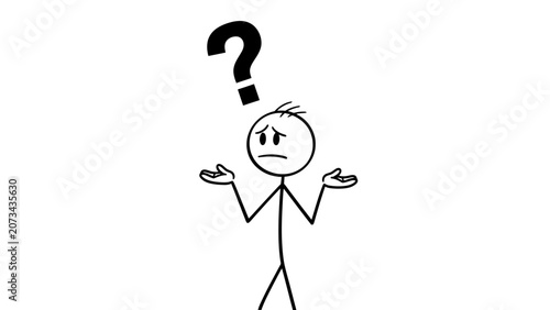 A simple black and white stick figure cartoon character shrugging with a question mark above its head, indicating confusion or uncertainty.