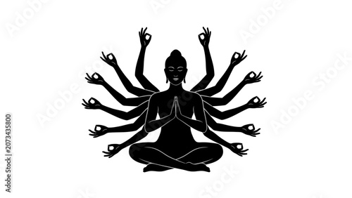 Bild auf Leinwand Silhouette of a multi-armed Buddha or Hindu goddess meditating in a serene pose, symbolizing divine power and spiritual peace on an isolated white background