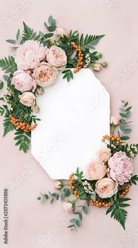 Pale pink peonies and green foliage frame on soft pastel background
