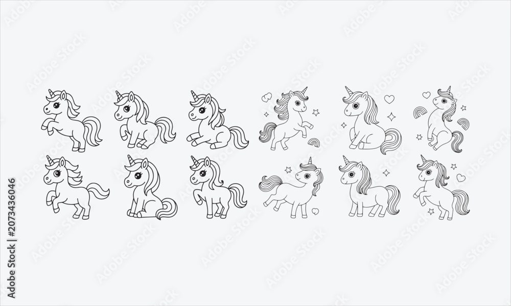 Fototapeta premium Outline cute unicorns for coloring. Unicorns line art icon set vector illustration