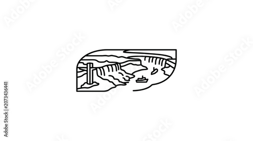 A simple black line drawing of a waterfall and a small boat