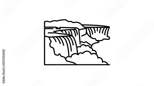 A simple black and white line drawing of a large waterfall