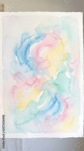 Pastel watercolor painting with soft blue, pink, yellow, and green