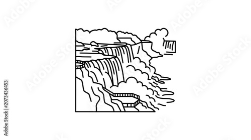 A simple black and white line drawing of a large waterfall