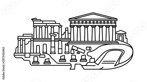 A simple black and white line drawing of ancient stone ruins