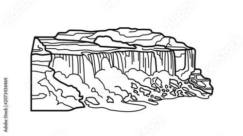 A simple black and white line drawing of a large waterfall