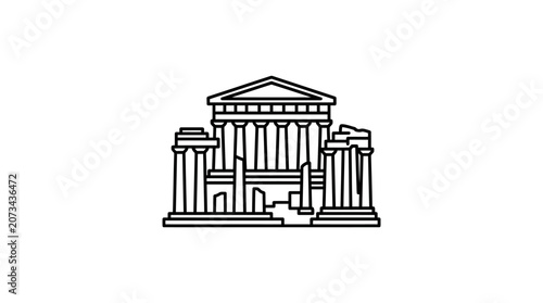 A simple black line drawing of an ancient stone temple structure