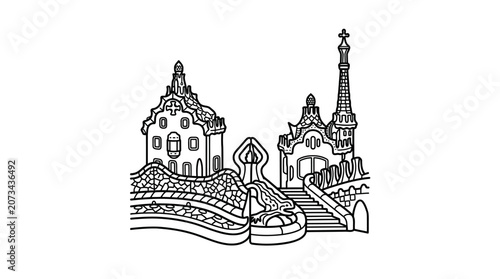 A black and white line drawing of whimsical fantasy buildings