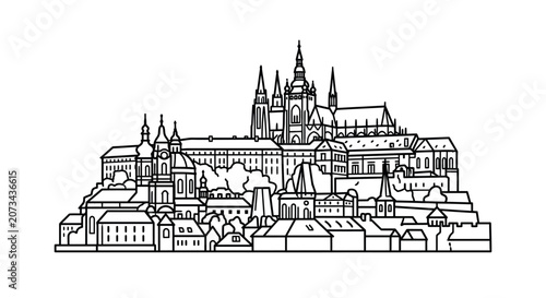 A detailed line drawing of a historic medieval castle complex