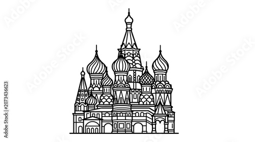 A detailed line drawing of a traditional ornate religious building