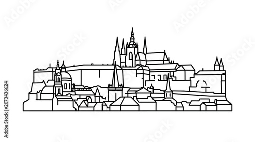 A detailed black and white line drawing of a historic castle