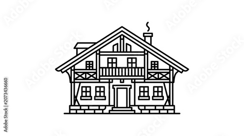 A simple black and white line drawing of a rustic house