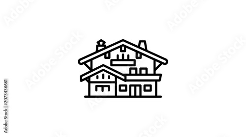 A simple black line icon of a traditional wooden mountain house