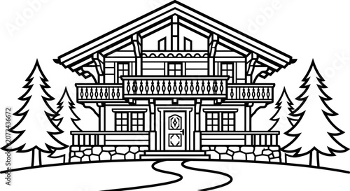 A simple black and white line drawing of a wooden cabin