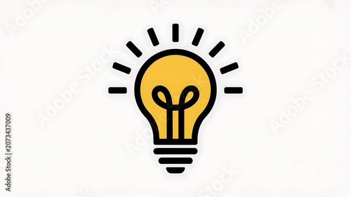 Simple, yellow light bulb icon, black outline, creative idea symbol, flat design