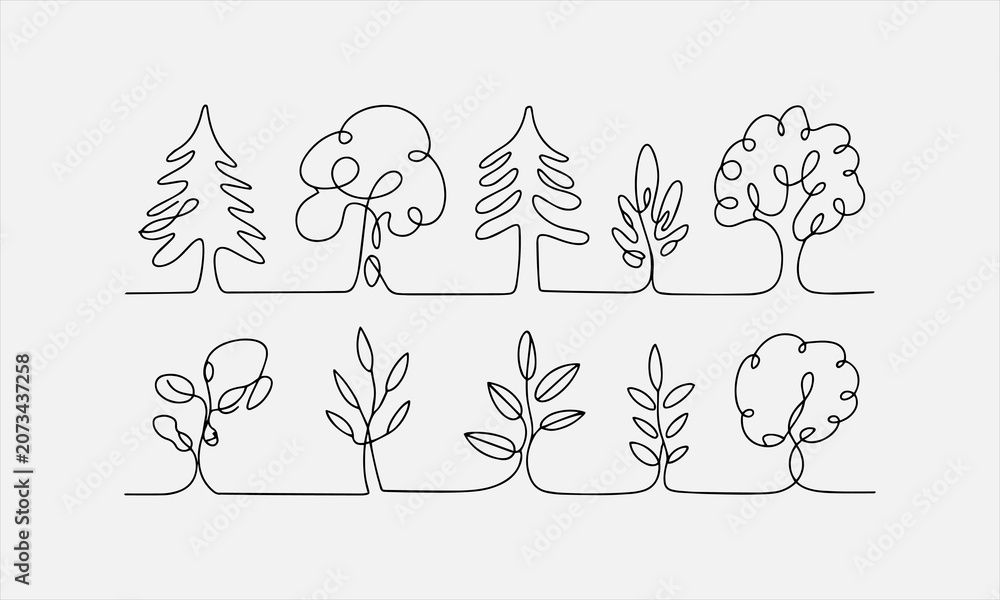 Naklejka premium Tree plant doodle outline vector forest environment set vector illustration