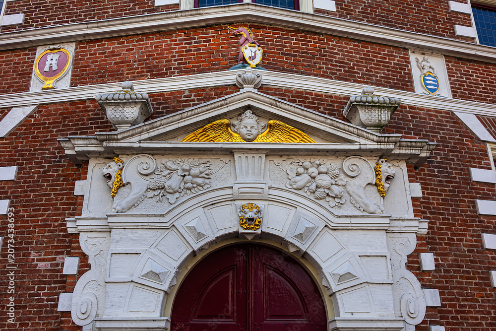 Obraz premium Monumental Statenlogement beautiful historic building from Dutch renaissance period; was built in 1613 with double stepped gables. Hoorn, the Netherlands.