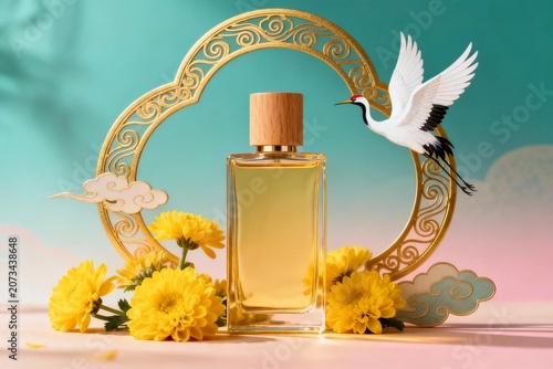 Elegant Perfume Bottle with Chinese Crane and Floral Decor