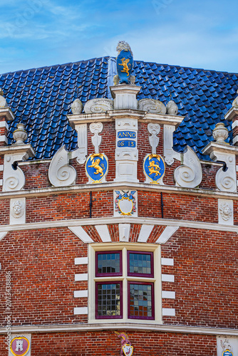 Monumental Statenlogement beautiful historic building from Dutch renaissance period; was built in 1613 with double stepped gables. Hoorn, the Netherlands.