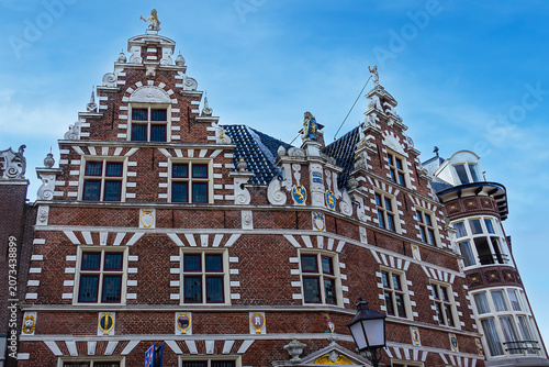 Monumental Statenlogement beautiful historic building from Dutch renaissance period; was built in 1613 with double stepped gables. Hoorn, the Netherlands.