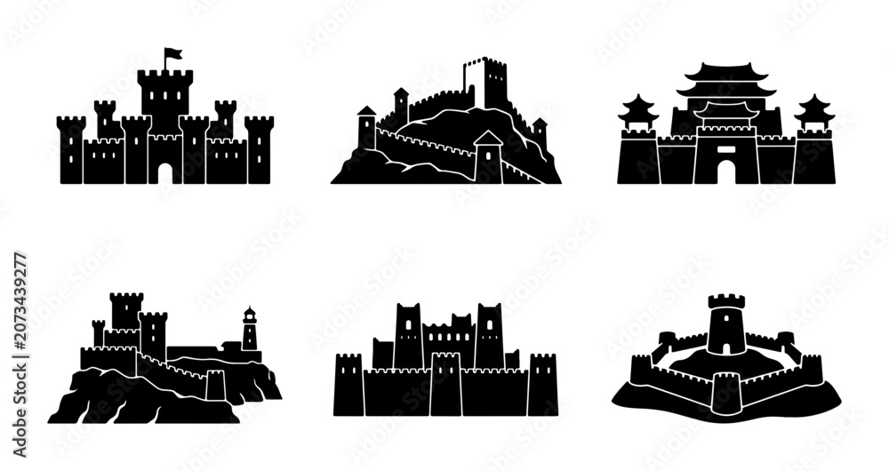Fototapeta premium Castle Icons Set, Medieval Fortress Vector Graphics, Historic Fortifications Collection