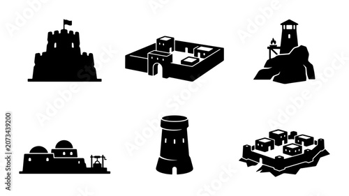 Fotografie Fortress Icons, Castle Silhouettes, Medieval Architecture Set