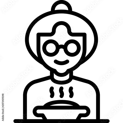 Special diet for elderly person in nursery home. Thin line icon. Grandmother in eyeglasses with bowl of hot food. Vector illustration.