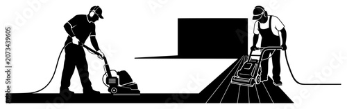 Photos Professional floor sanding and polishing service silhouette, workers restoring w