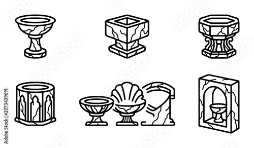 Quadro su tela Stone Font Icons, Baptismal Vessel Graphics, Holy Water Bowl Vector Set