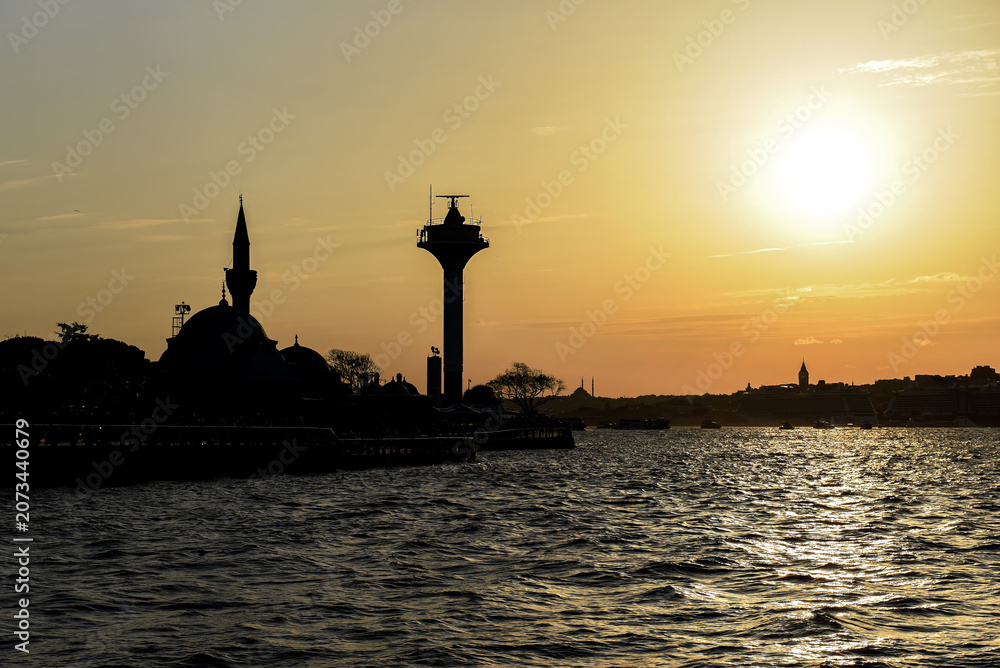 Fototapeta premium Istanbul Sunset Silhouette with Mosque and Radar Tower in Uskudar