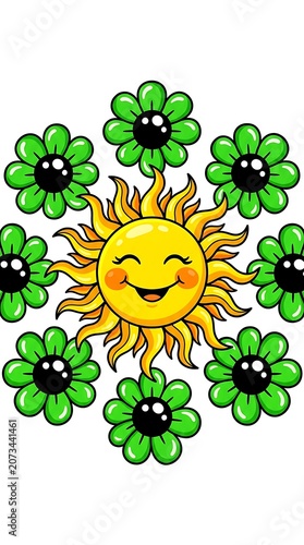Smiling yellow sun surrounded by eight green flowers