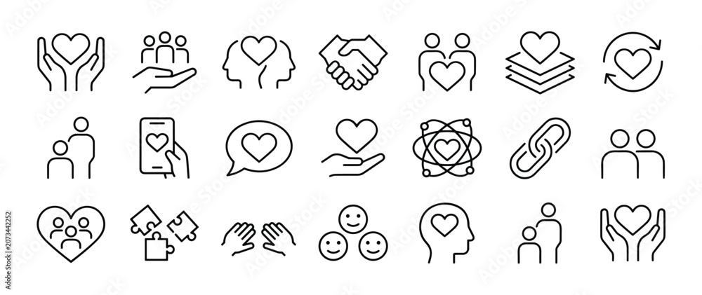 Obraz premium Vector Icons of Human Connection and Care: A collection of simple line icons representing relationships, support, love, and community. emotional connection, kindness, empathy, teamwork, partnership.