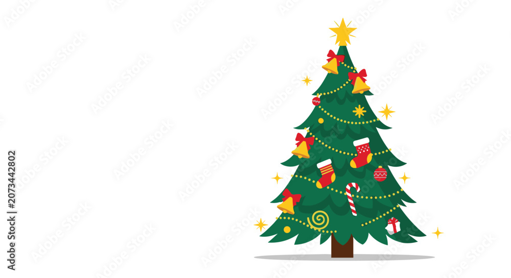 Obraz premium Decorated Christmas tree with a golden star on top festive bells red stockings and candy canes for holiday celebration.