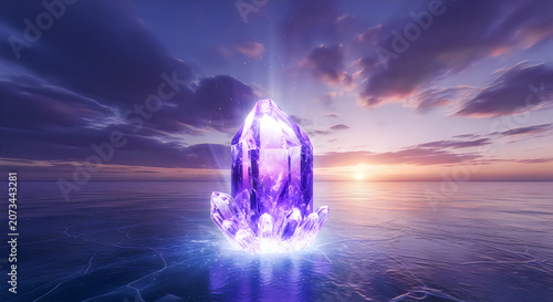 Glowing purple crystal on water at sunset with vibrant sky