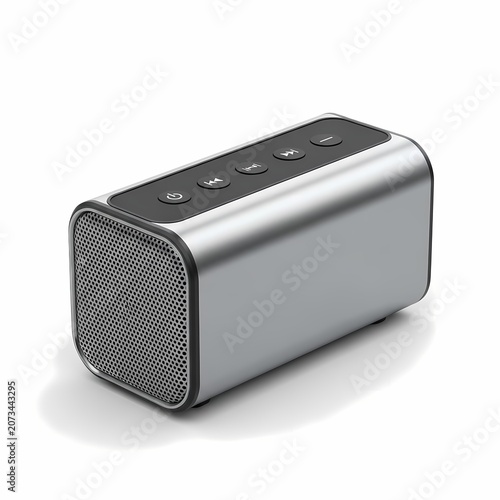 Rectangular portable wireless bluetooth speaker with a metallic silver finish, black control panel, and perforated metal speaker grille