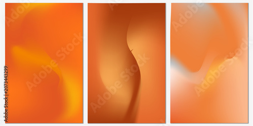Set of three vertical abstract backgrounds with smooth orange, amber, and peach gradient waves and soft blended color transitions