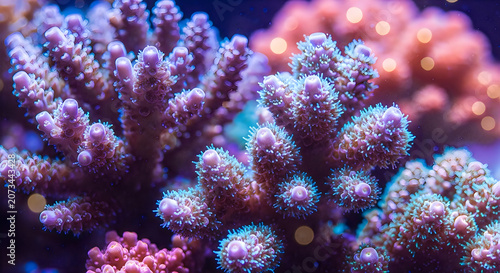 Vibrant purple coral reef with blue and pink hues underwater