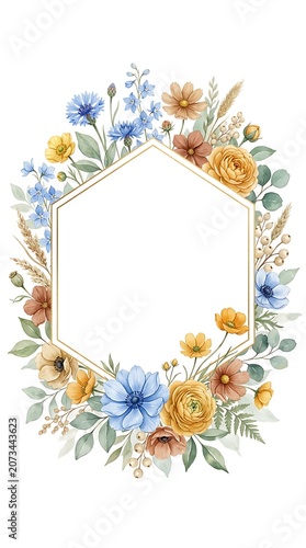 Hexagon frame with watercolor blue and yellow wildflowers, foliage