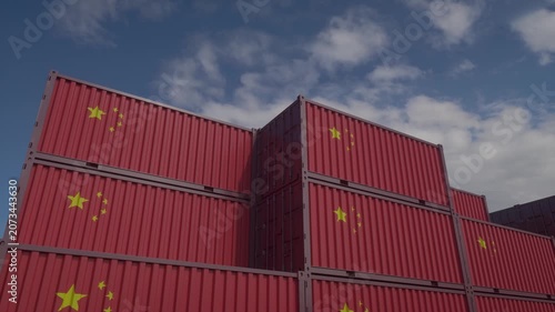 Chinese cargo containers stacked outdoors under blue sky motion video