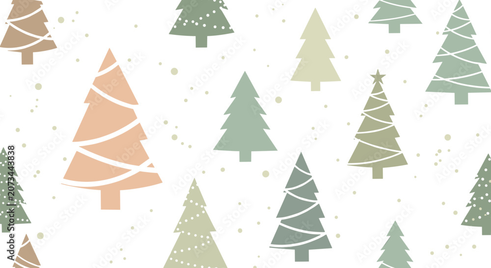 Obraz premium Seamless winter forest pattern with stylized christmas trees in muted earthy tones and various decorative patterns.
