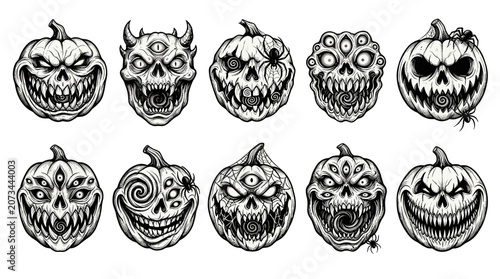 Schilderij op canvas Collection of ten detailed handdrawn halloween pumpkin faces with various expres