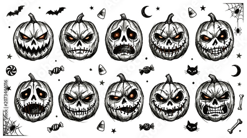 Foto Set of ten spooky halloween pumpkin faces with carved expressions and eerie deta