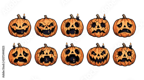 Set of ten carved halloween pumpkins with various facial expressions and spooky designs